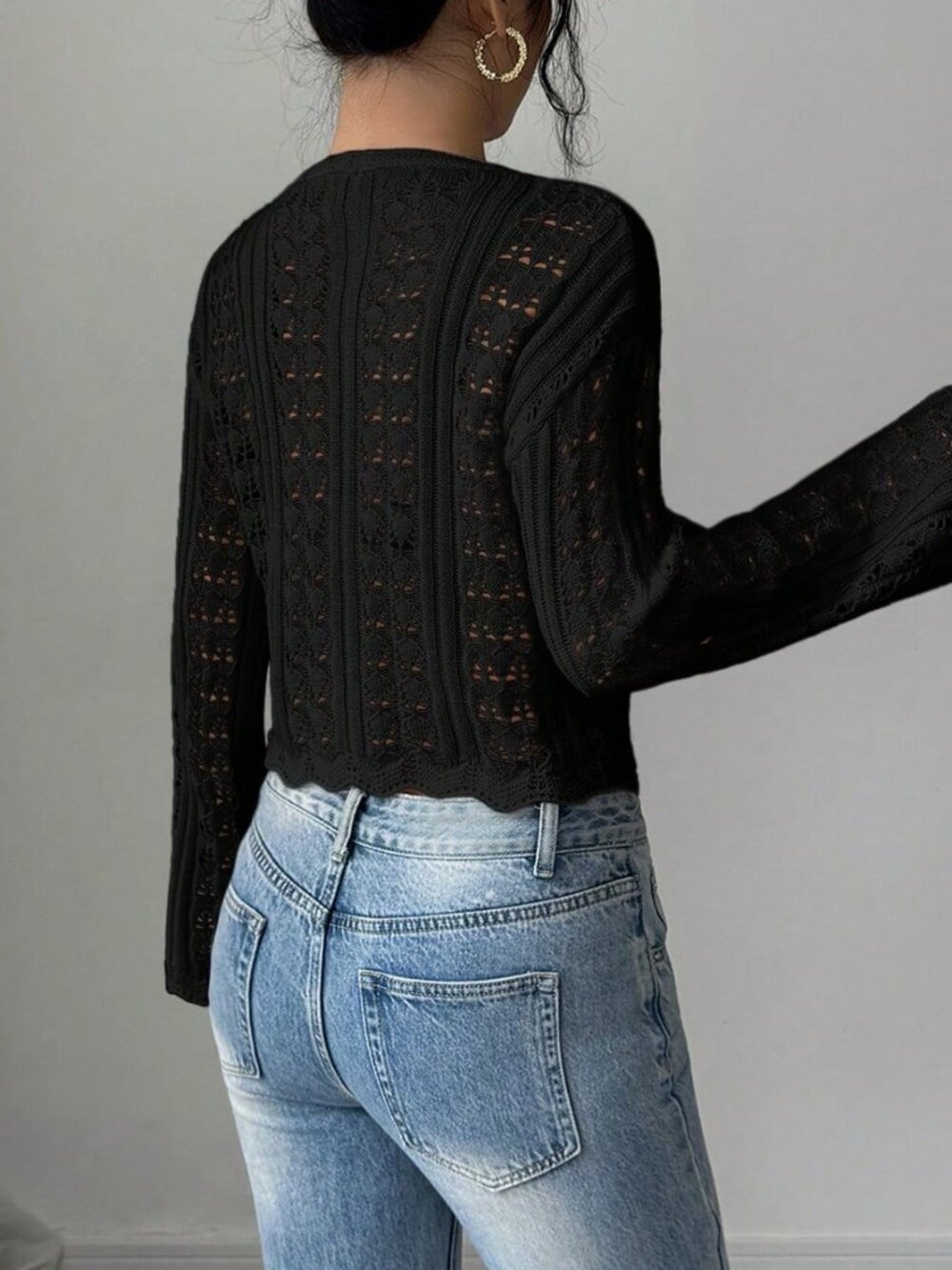 black Casual Women's Elegant Flared Sleeve Tie-Front Hollow Out Cardigan - Picture 2 of 8